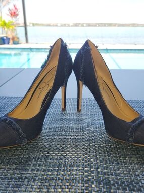 Jessica Simpson Navy Denim Fringe Pointed-Toe Stiletto Pumps